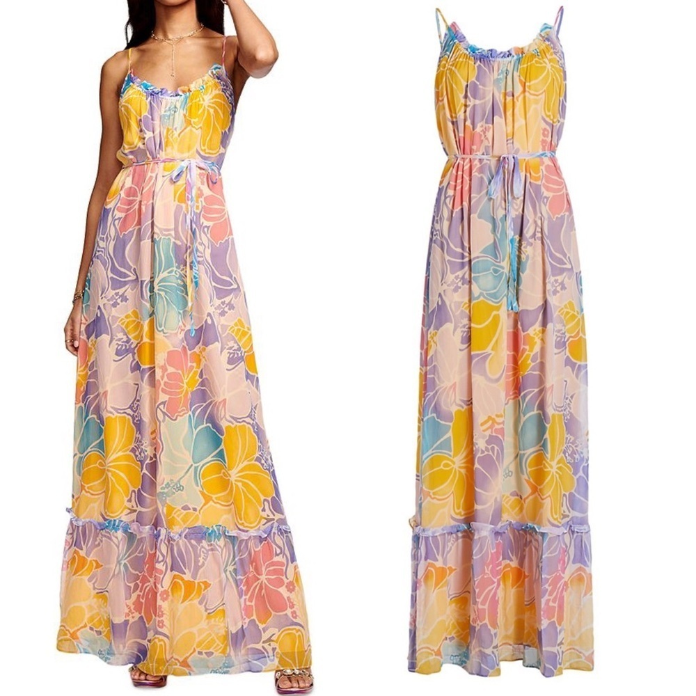 Ramy Brook Ivy Printed Silk Tiered Maxi Dress pale lavender hibiscus floral new